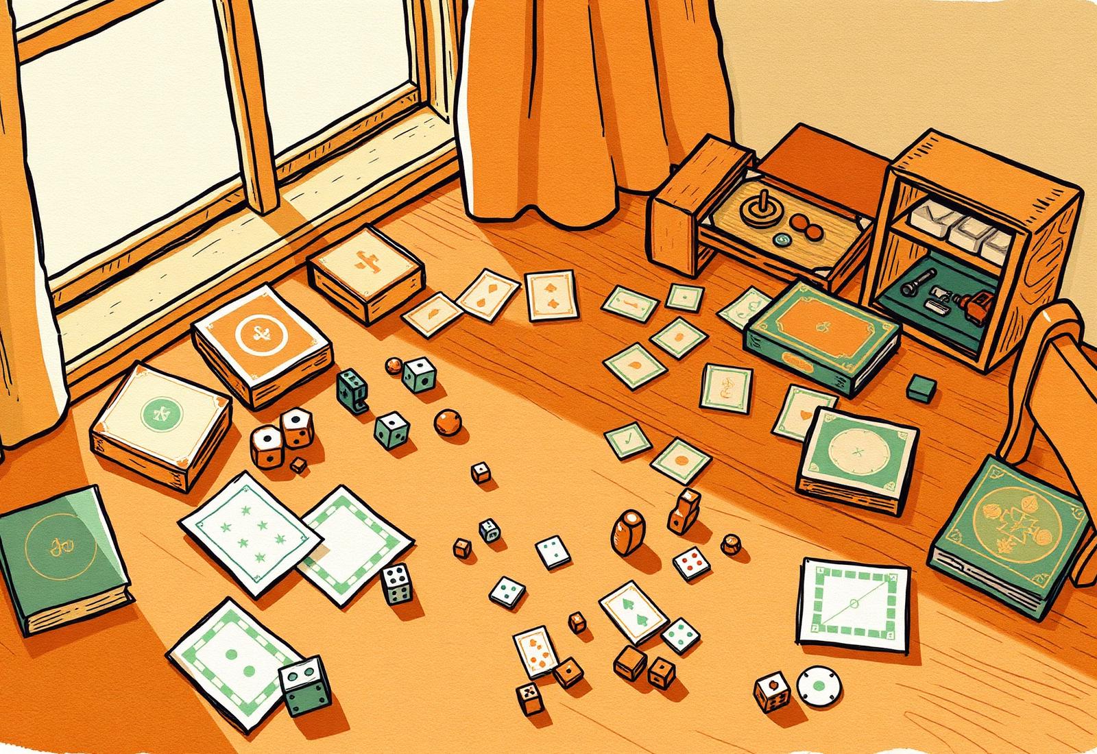 Illustrated cosy board games scattered on a wooden floor near a sunny window